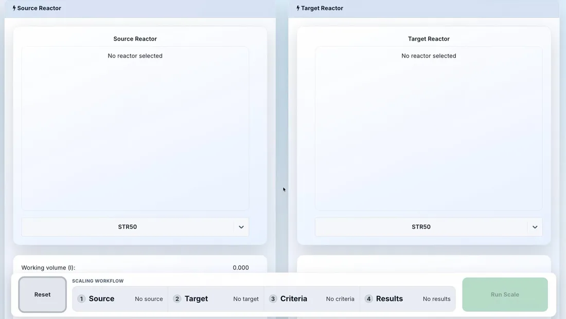 SmartScaler web interface with source reactor and target reactor panels and a scaling workflow bar